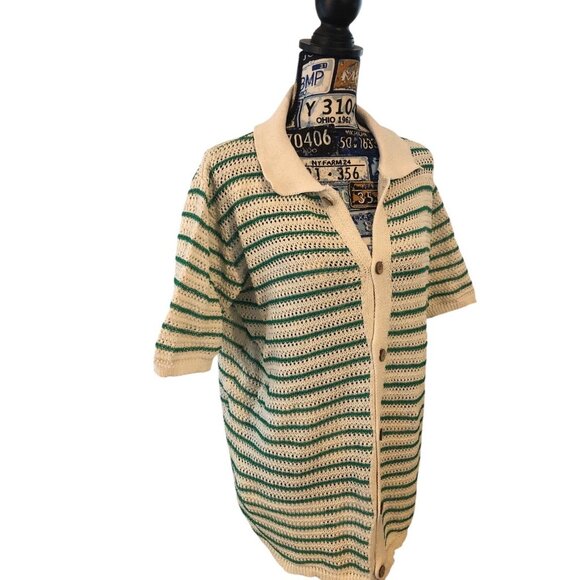 Vintage Style Green Cream Button Down Short Sleeve NERD Collared Sweater Sz XXL - Picture 2 of 16